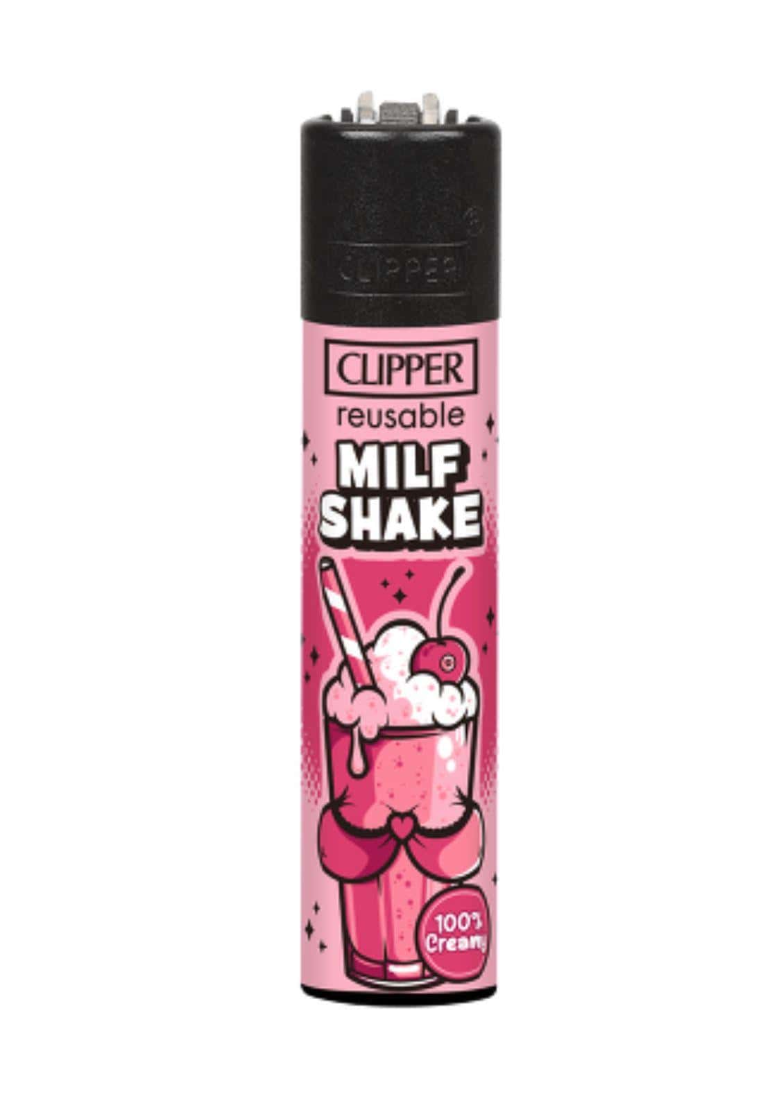 Rosa milf shake thema wiederbefüllbares clipper feuerzeug mit cartoon milchshake design und schwarzem oberteil für gothic kleidung fans
